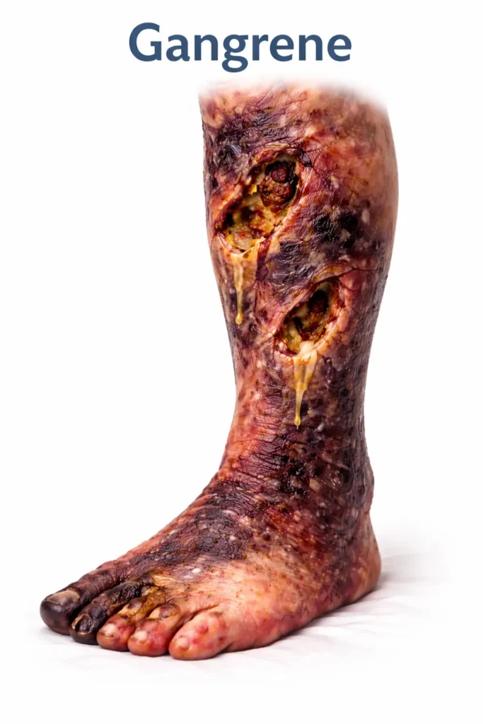 nerve damage in severe cases, gangrene